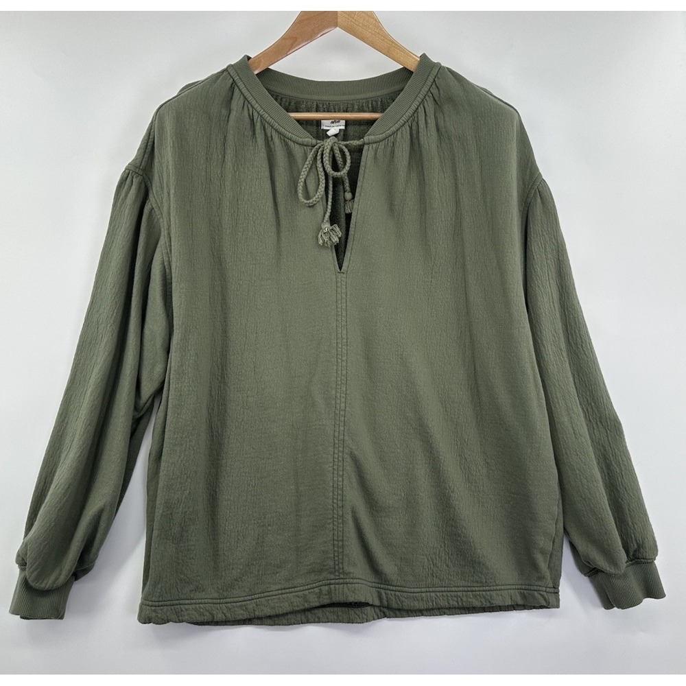 Aerie Real Good Sage Green Textured Peasant Top Tassel Tie Puff Sleeve Small